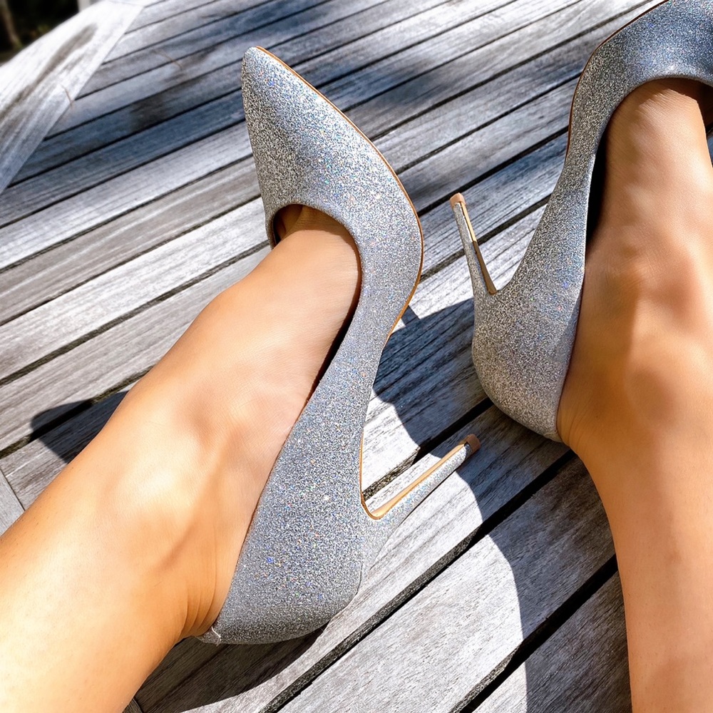 💎 SILVER SHIMMER RHINESTONE POINTED TOE HEELS! - Picture 2 of 15